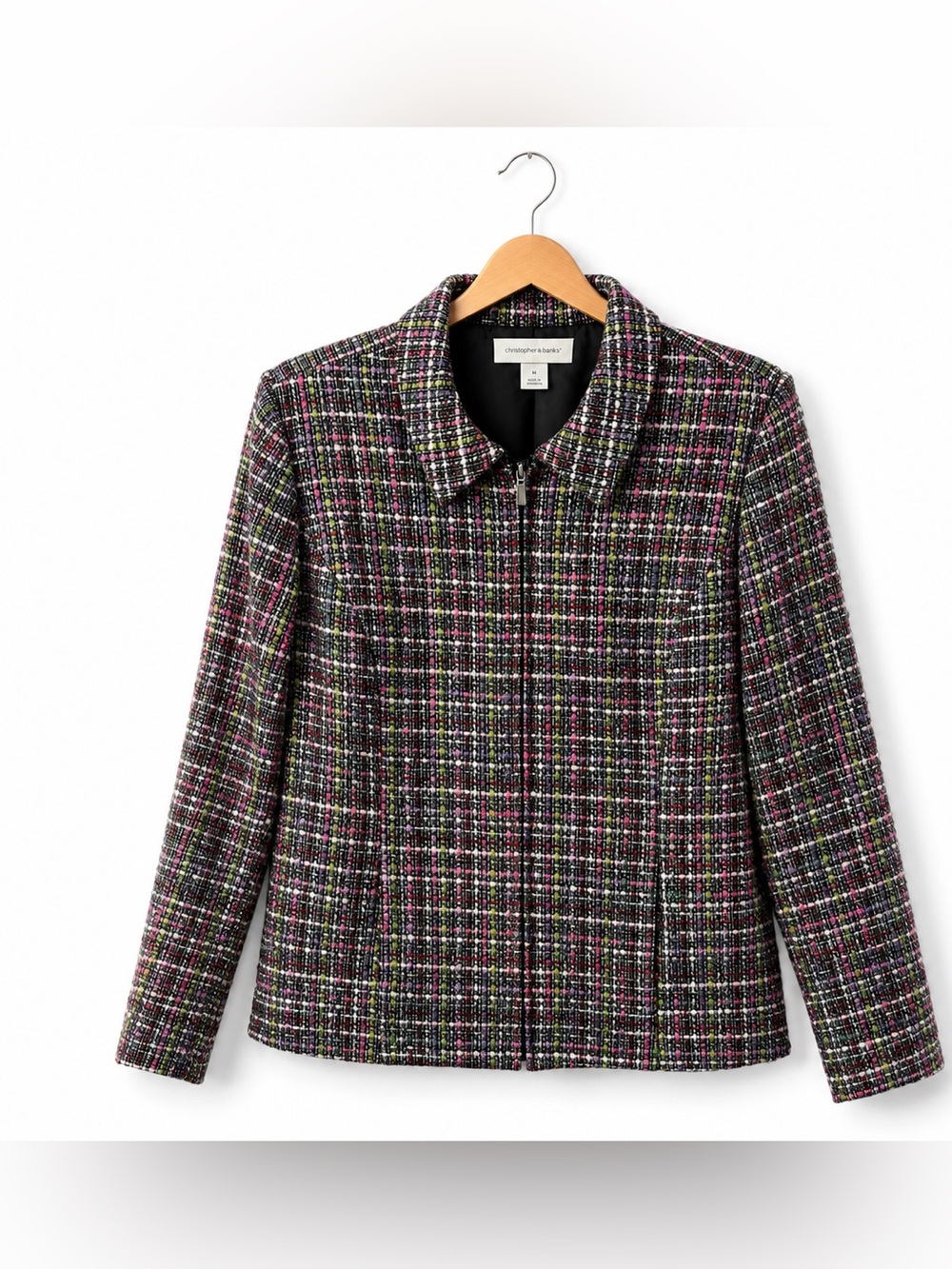 Christopher & Banks Multicolor Tweed Blazer Jacket Pink Green Black Career M